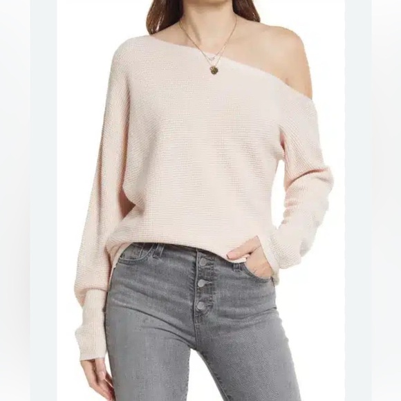 Treasure & Bond Spring Sweater Off-Shoulder Thermal waffle Knit Pink Women M - Picture 1 of 10